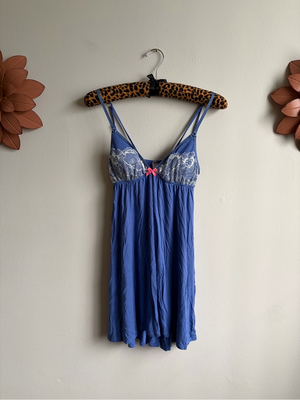 Victoria's Secret Blue Lace-Top Chemise with Pink Bow
